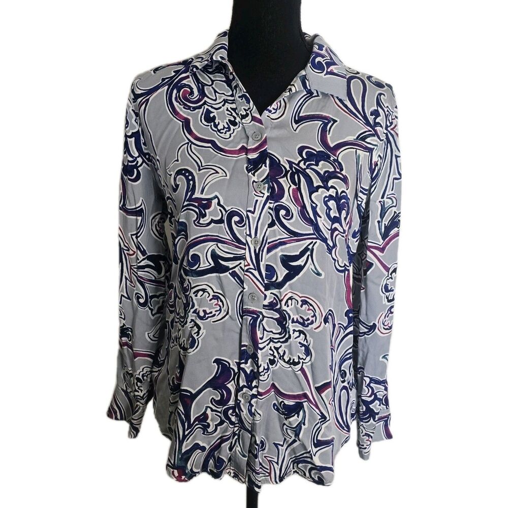 Chico's Sand Wash Satin Paisley Button Up Top Size 0 US Size 4/6 Shirt Blouse